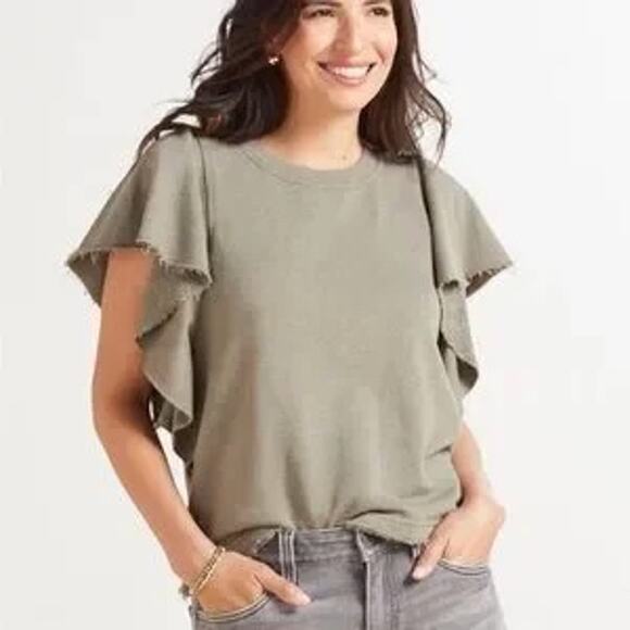 Michael Stars Ariana Olive Green Flutter Sleeve Sweatshirt Top SZ S - Picture 1 of 10